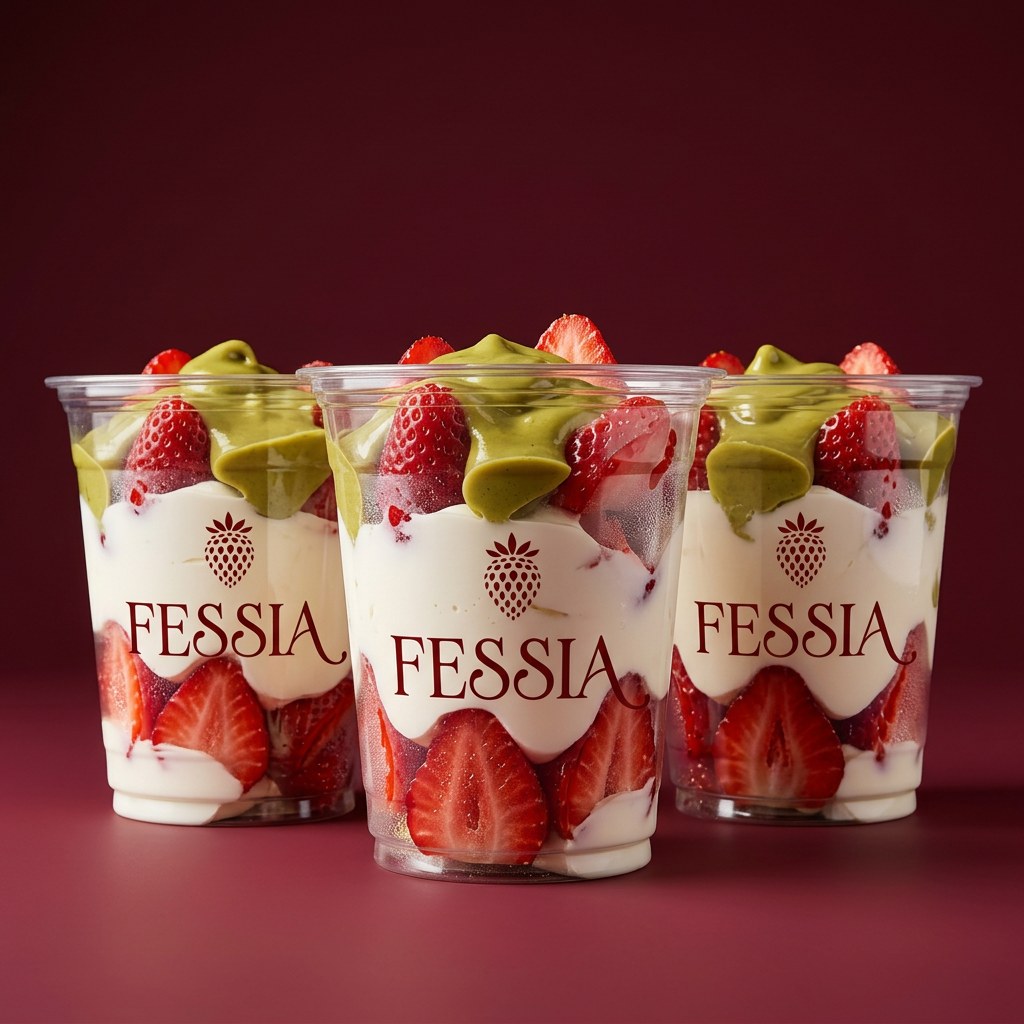 Vasos Fessia con fresas, crema artesanal y pistacho